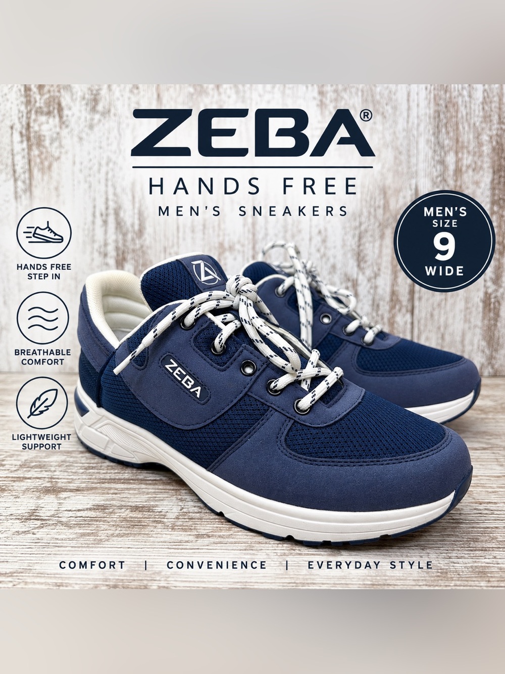 ZEBA Hands Free Slip On Walking Sneakers Navy Blue Men’s Size 9 Wide